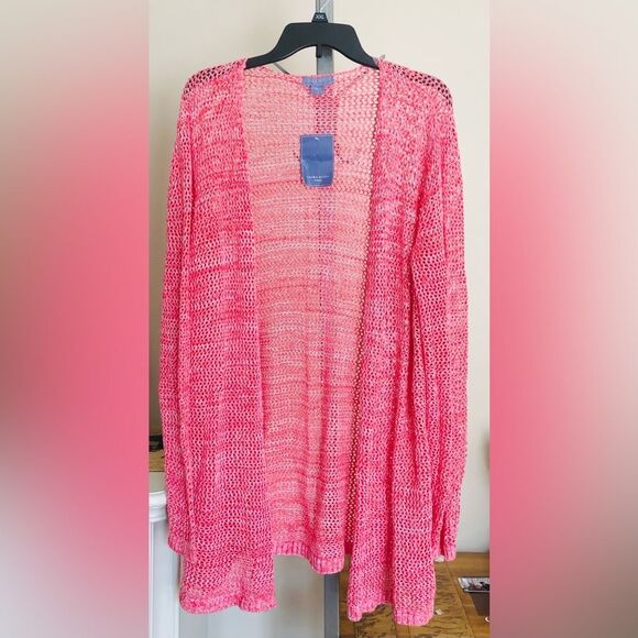 LAURA SCOTT WOMEN'S SWEATER CARDIGAN LONG SLEEVES PLUS SIZE 2X PINK/WHITE KNIT - Picture 1 of 5